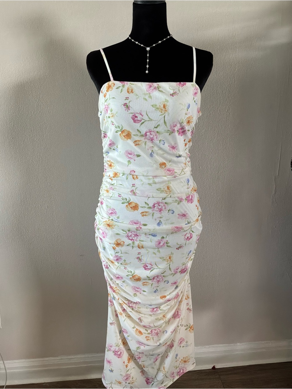 Altar'd State White Floral Ruched Spaghetti Strap Midi Dress
